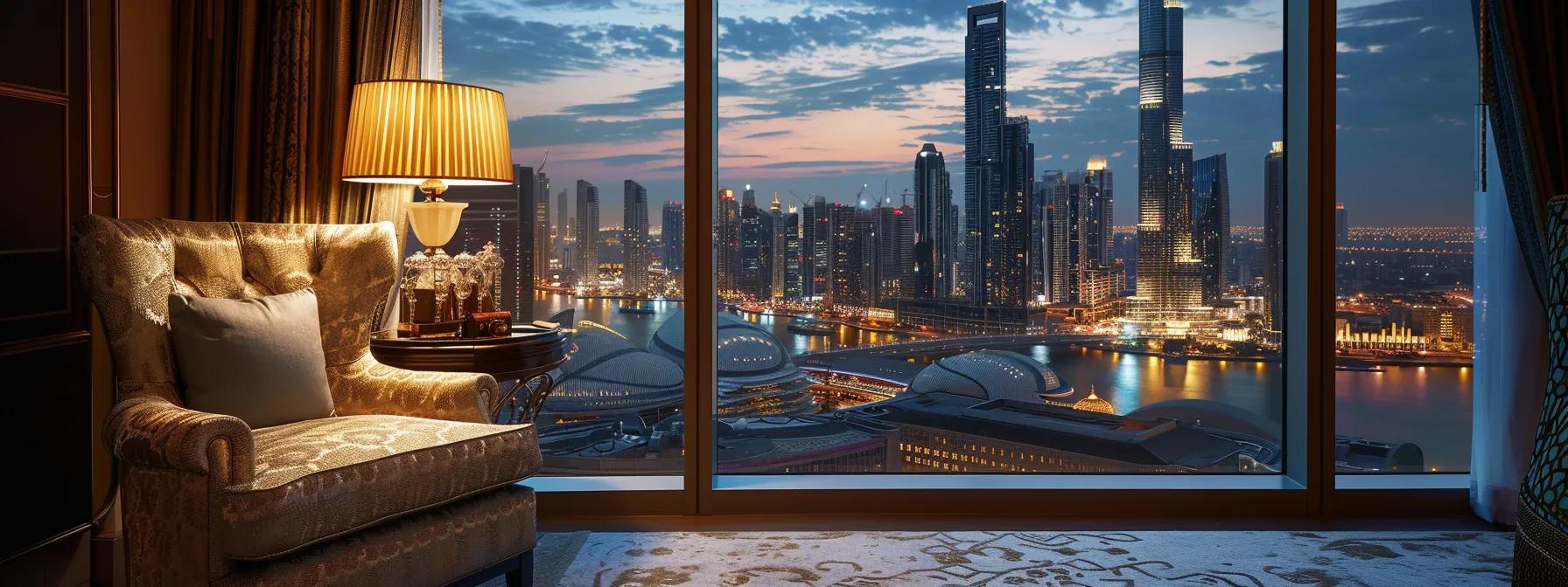 an elegantly adorned luxury travel suite, featuring a plush armchair and a stunning city skyline view at dusk, exemplifies the refined experiences that cultivate personal growth and lasting memories.
