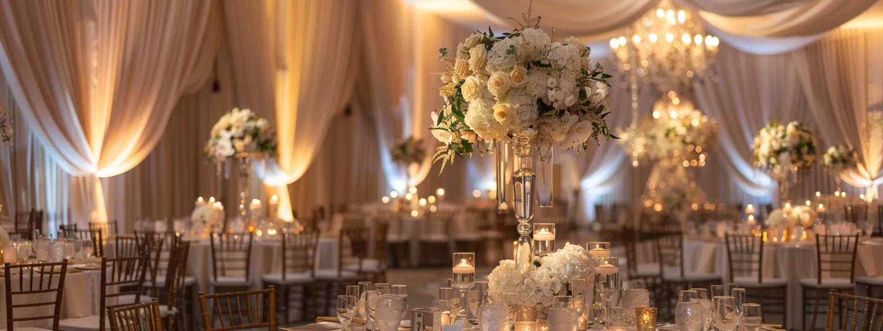 an elegantly adorned wedding venue featuring luxurious decor elements such as soft draping, ambient lighting, and opulent centrepieces, all arranged to create a romantic and inviting atmosphere.