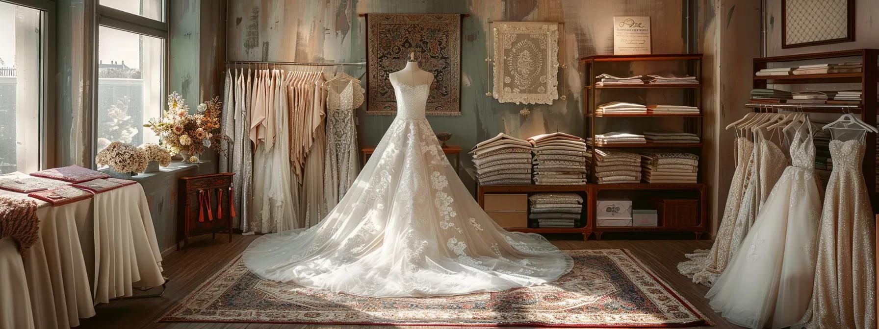 an elegantly arranged bridal fitting studio showcases a meticulously crafted wedding gown on a mannequin, surrounded by swatches of luxurious fabrics and intricate lace, emphasizing the themes of quality, trust, and personalized customization in a warm, inviting atmosphere. an elegantly arranged bridal fitting studio showcases a meticulously crafted wedding gown on a mannequin, surrounded by swatches of luxurious fabrics and intricate lace, emphasizing the themes of quality, trust, and personalized customization in a warm, inviting atmosphere.