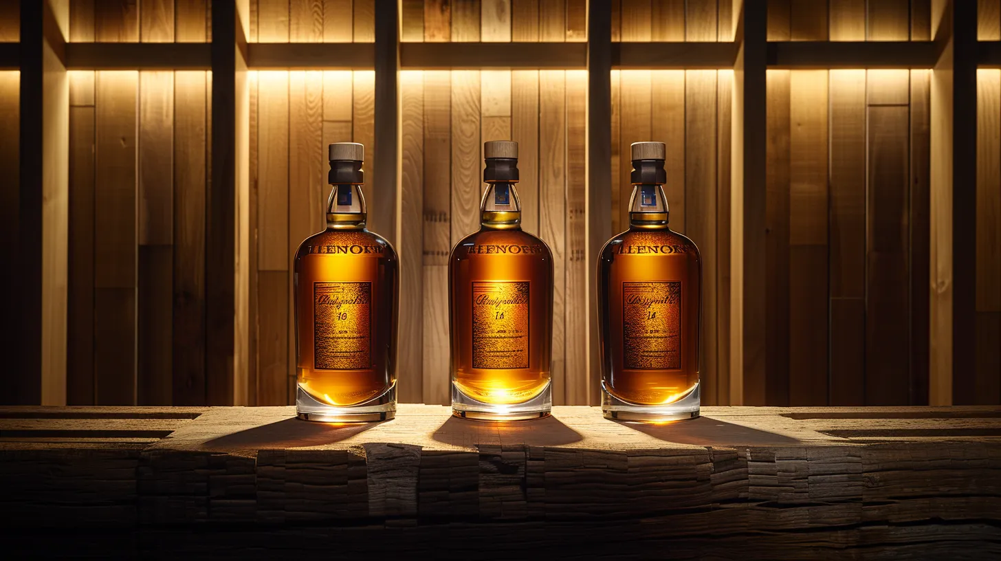 an elegantly arranged display of three distinct glenfiddich whisky bottles, featuring the rich amber hue of glenfiddich 14 prominently in the center, softly illuminated against a rustic oak backdrop, evoking the depth of flavor and complexity that each expression embodies.