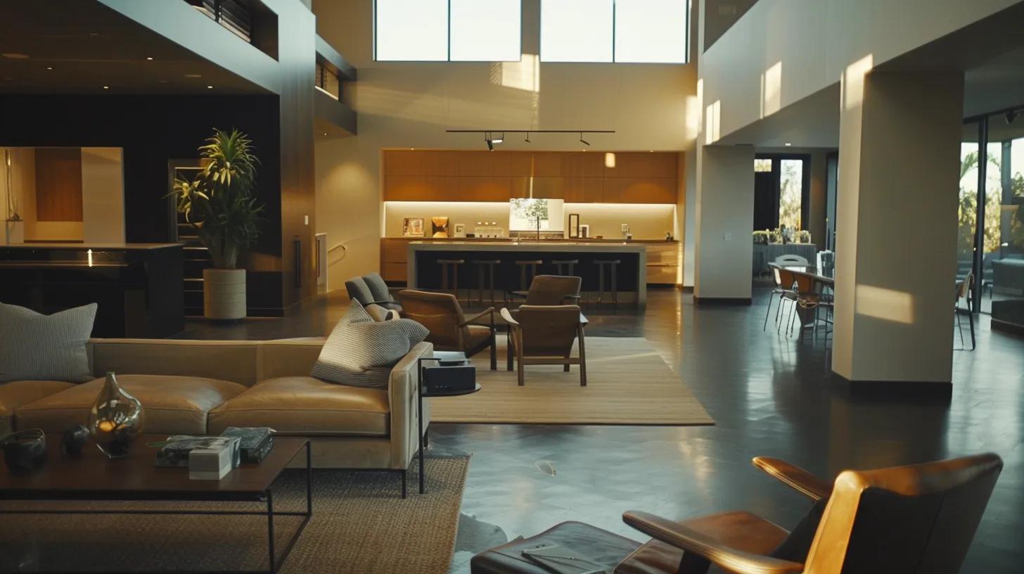 an elegantly arranged modern living room showcases sleek, allergen-resistant furnishings, featuring minimalist design elements and a polished, tidy atmosphere that underscores the ease of maintenance and cleanliness.