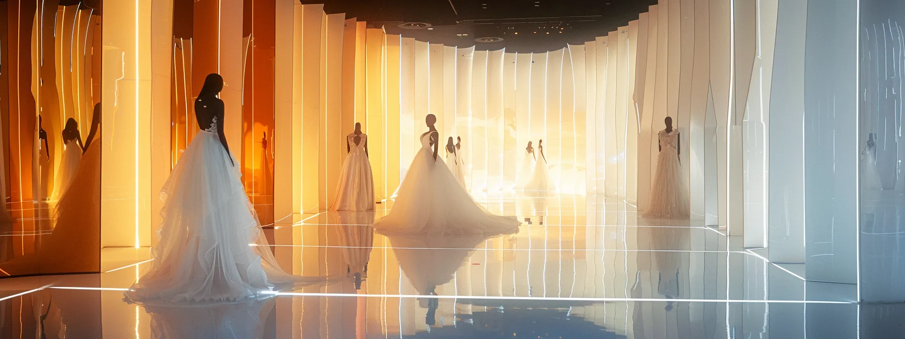 an elegantly arranged online bridal boutique showcases a variety of stunning, affordable wedding gowns displayed on sleek mannequins against a modern, minimalist backdrop, inviting brides-to-be to explore their dream dresses virtually. an elegantly arranged online bridal boutique showcases a variety of stunning, affordable wedding gowns displayed on sleek mannequins against a modern, minimalist backdrop, inviting brides-to-be to explore their dream dresses virtually.