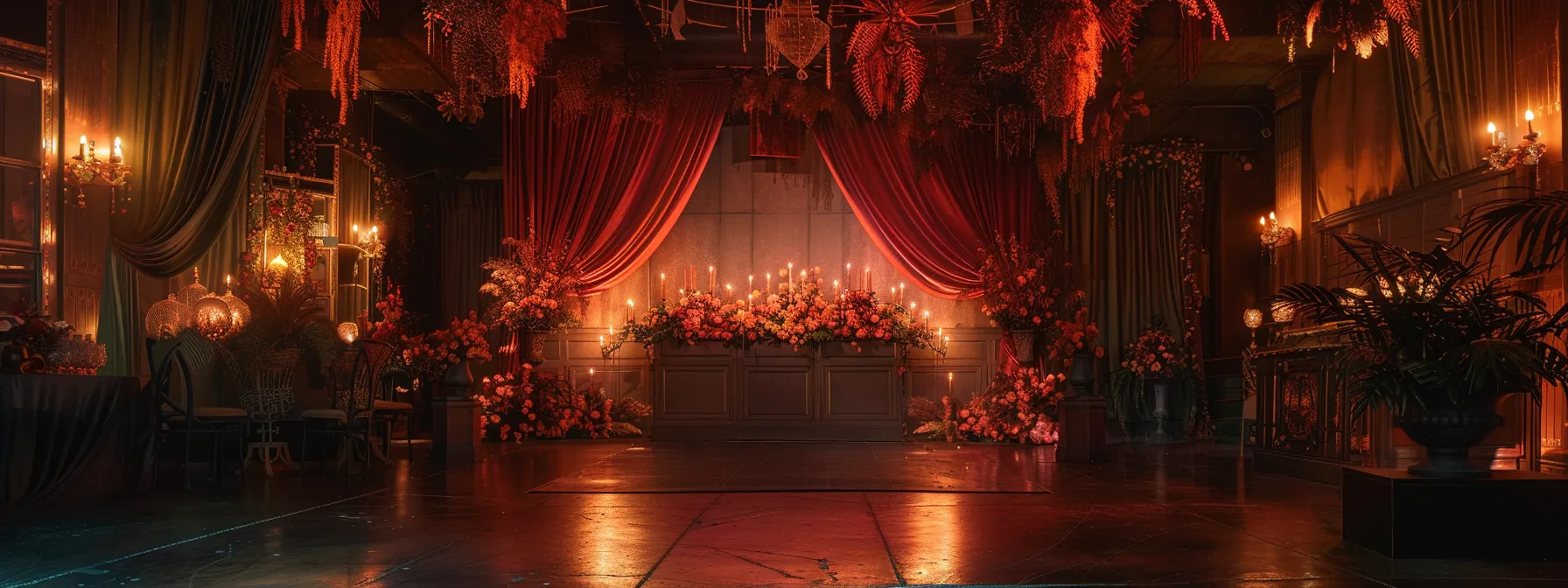 an elegantly arranged wedding venue showcases a stunning reception setup, featuring lush velvet accents, intricate floral arrangements, and tastefully draped fabric, all illuminated by warm, ambient lighting to create a romantic atmosphere. an elegantly arranged wedding venue showcases a stunning reception setup, featuring lush velvet accents, intricate floral arrangements, and tastefully draped fabric, all illuminated by warm, ambient lighting to create a romantic atmosphere.