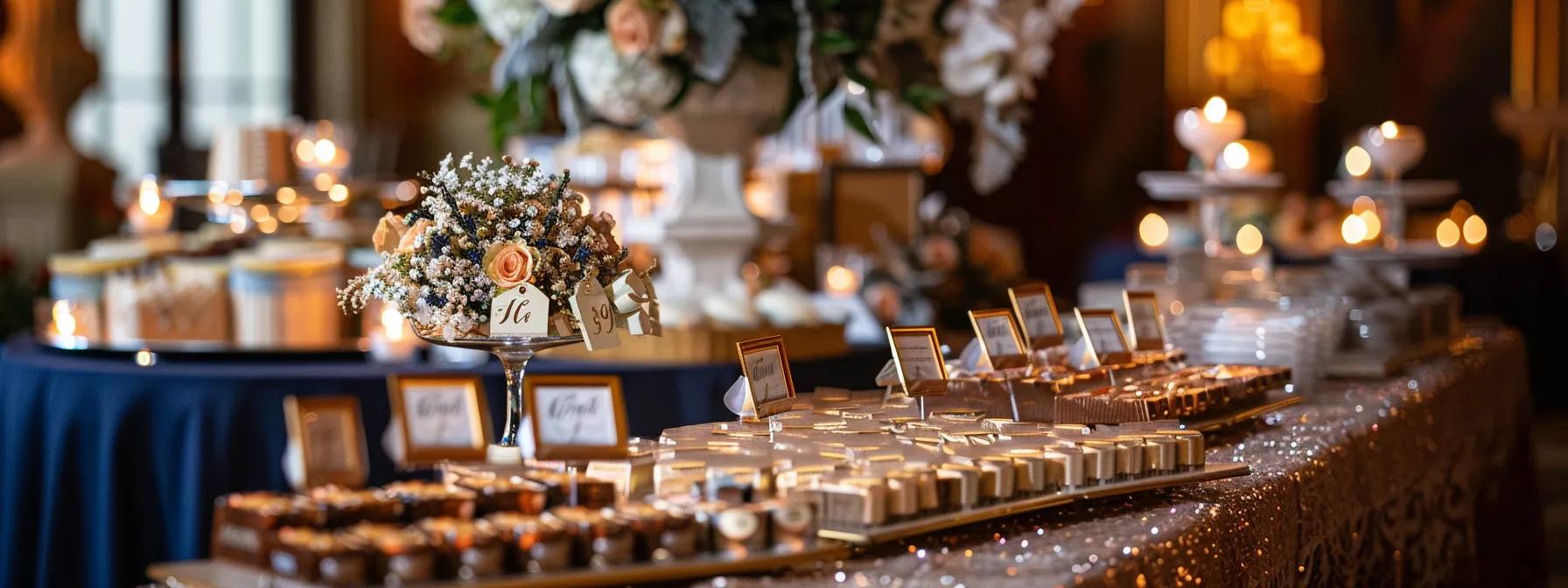 an elegantly arranged wedding reception table showcases beautifully designed favor presentation signs amidst tasteful decor, creating a captivating and refined atmosphere that emphasizes thoughtful hospitality. an elegantly arranged wedding reception table showcases beautifully designed favor presentation signs amidst tasteful decor, creating a captivating and refined atmosphere that emphasizes thoughtful hospitality.