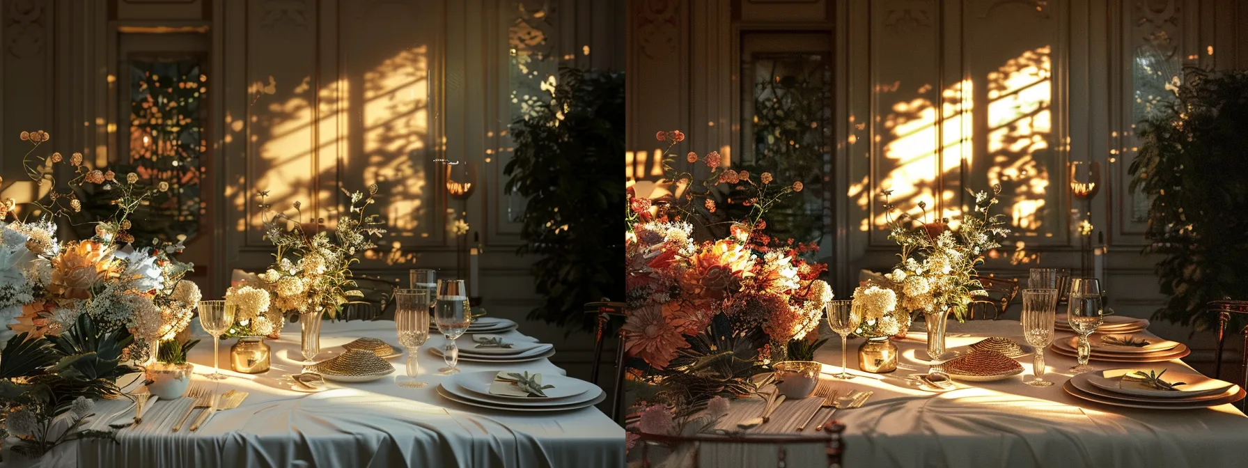 an elegantly arranged wedding table adorned with stunning seasonal floral centerpieces, capturing the essence of spring, summer, fall, and winter blooms in a sophisticated indoor setting, illuminated by soft, warm lighting. an elegantly arranged wedding table adorned with stunning seasonal floral centerpieces, capturing the essence of spring, summer, fall, and winter blooms in a sophisticated indoor setting, illuminated by soft, warm lighting.