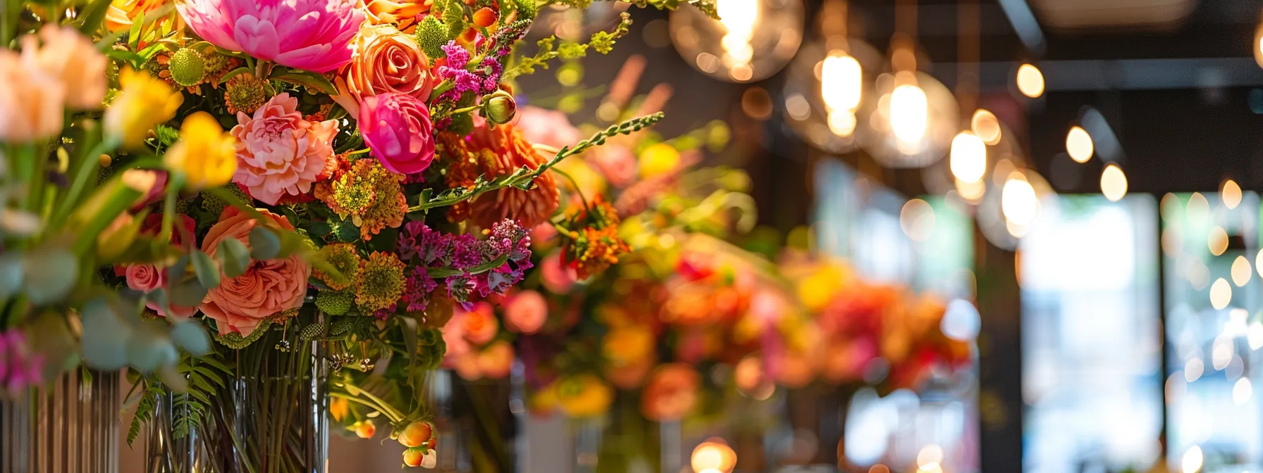 an elegantly decorated indoor space features dramatic floral centerpieces and unique hanging installations, enhanced by soft lighting that casts a warm glow over sophisticated vases and vibrant blooms, creating a luxurious atmosphere perfect for a wedding celebration. an elegantly decorated indoor space features dramatic floral centerpieces and unique hanging installations, enhanced by soft lighting that casts a warm glow over sophisticated vases and vibrant blooms, creating a luxurious atmosphere perfect for a wedding celebration.