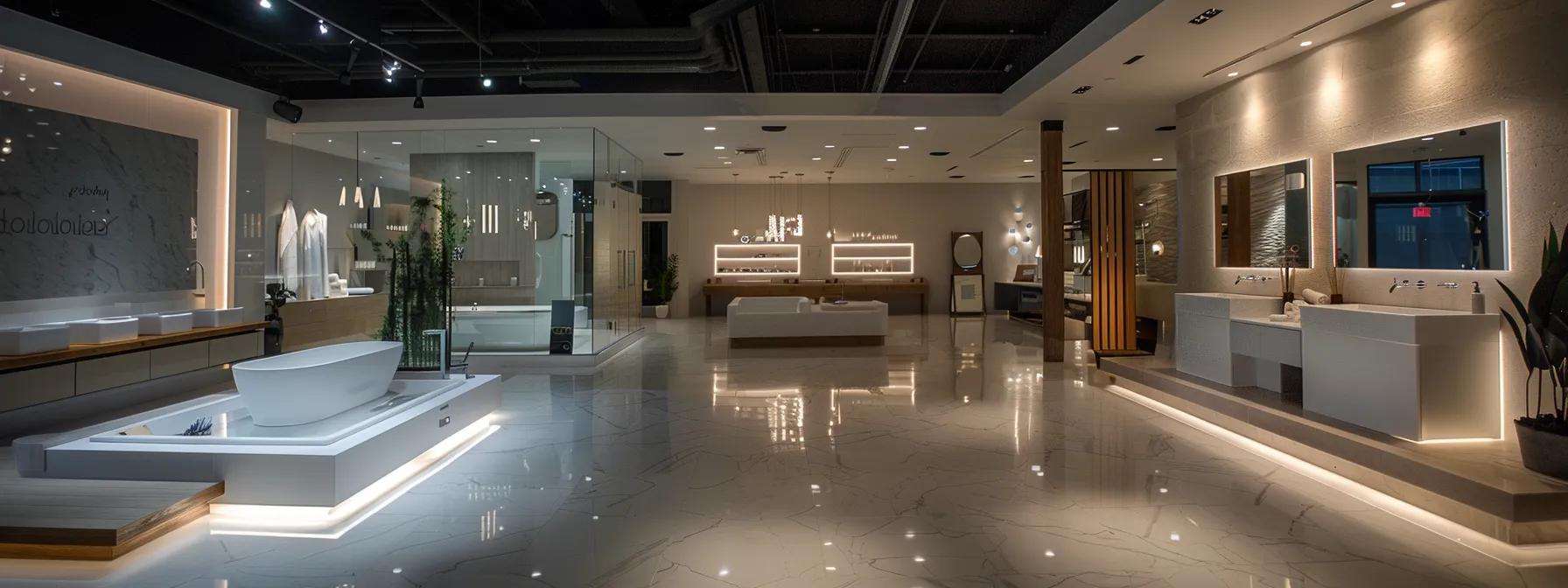 an elegantly designed bathroom remodeling showroom in houston showcases a variety of luxurious fixtures and materials on display, illuminated by sleek modern lighting, emphasizing the key cost factors and design complexities involved in contemporary renovations.