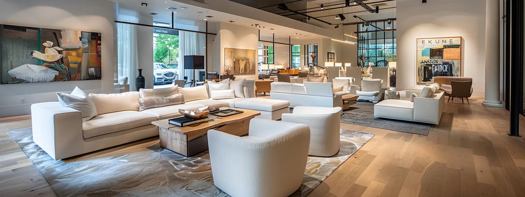 an elegantly designed, high-end furniture showroom in buckhead showcases striking custom pieces, blending contemporary artistry with refined craftsmanship, illuminated by soft, ambient lighting that accentuates the sophisticated atmosphere.