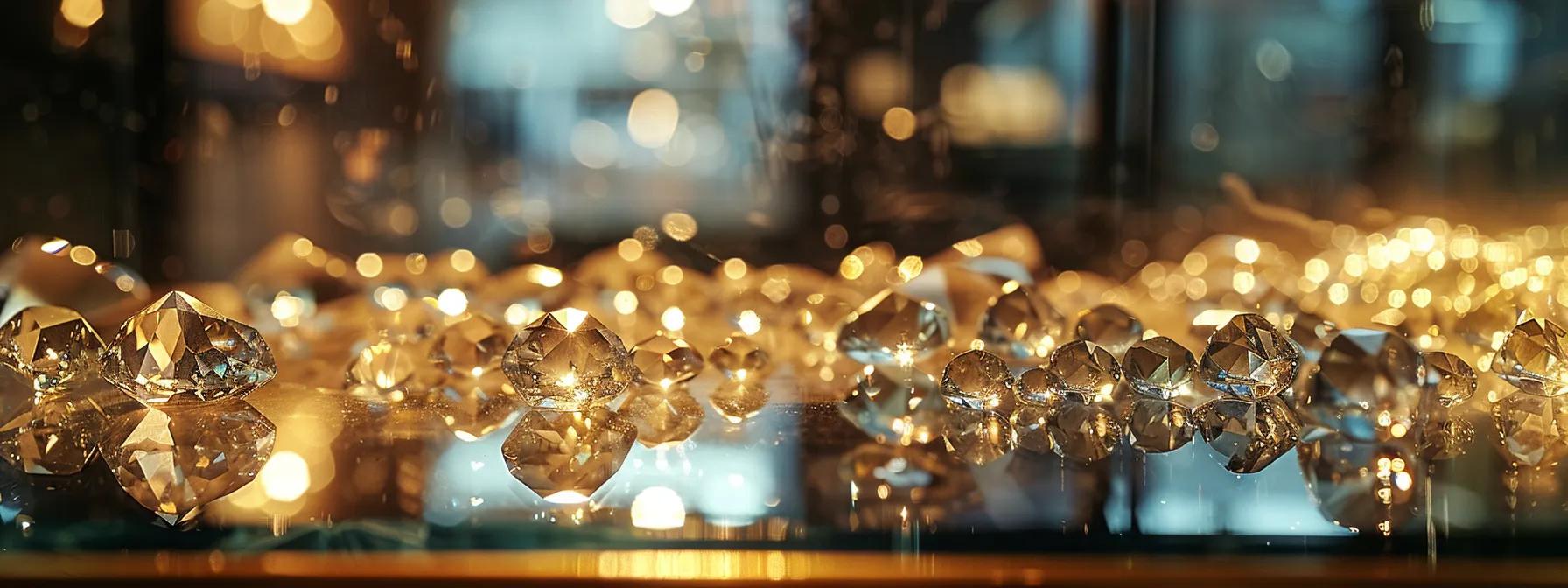 an elegantly designed jewelry display case in a modern urban boutique showcases a dazzling array of both lab-grown and natural diamonds, each sparkling under soft, focused lighting that highlights their unique beauty and characteristics.