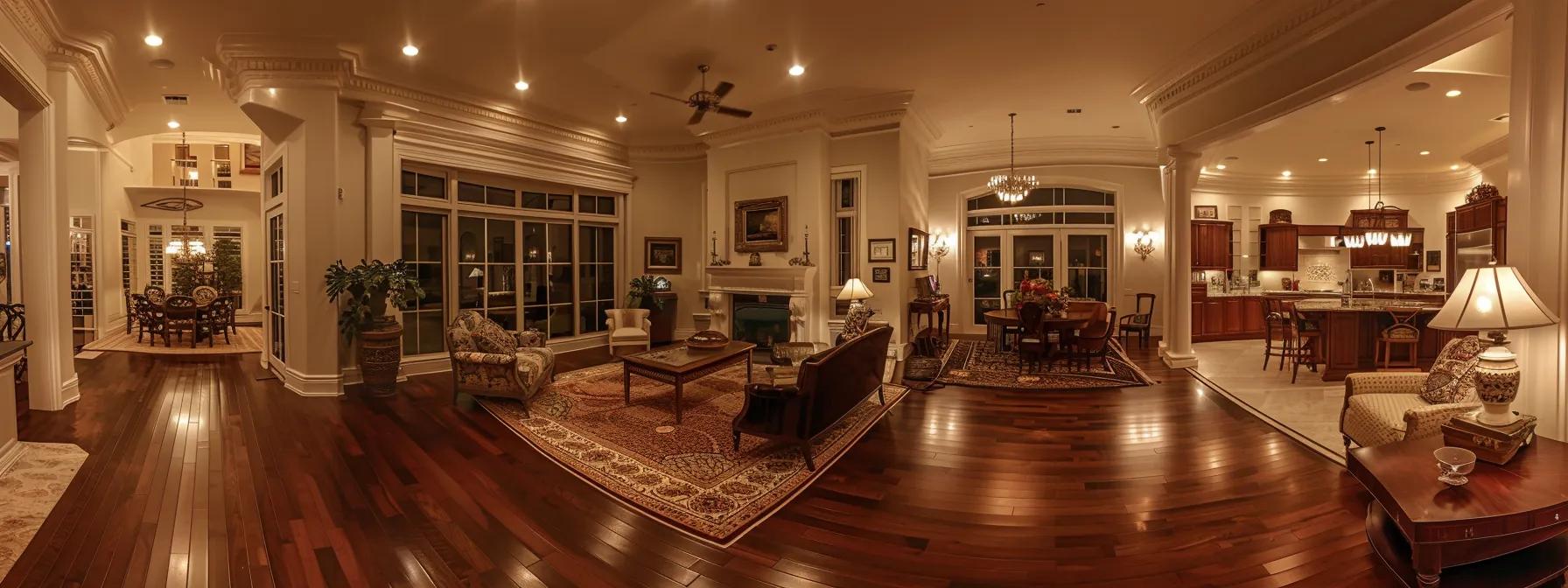 an elegantly designed living room showcases gleaming, high-quality hardwood flooring that reflects warm, ambient lighting, creating an inviting atmosphere that highlights the luxurious appeal and increased value of the home. an elegantly designed living room showcases gleaming, high-quality hardwood flooring that reflects warm, ambient lighting, creating an inviting atmosphere that highlights the luxurious appeal and increased value of the home.