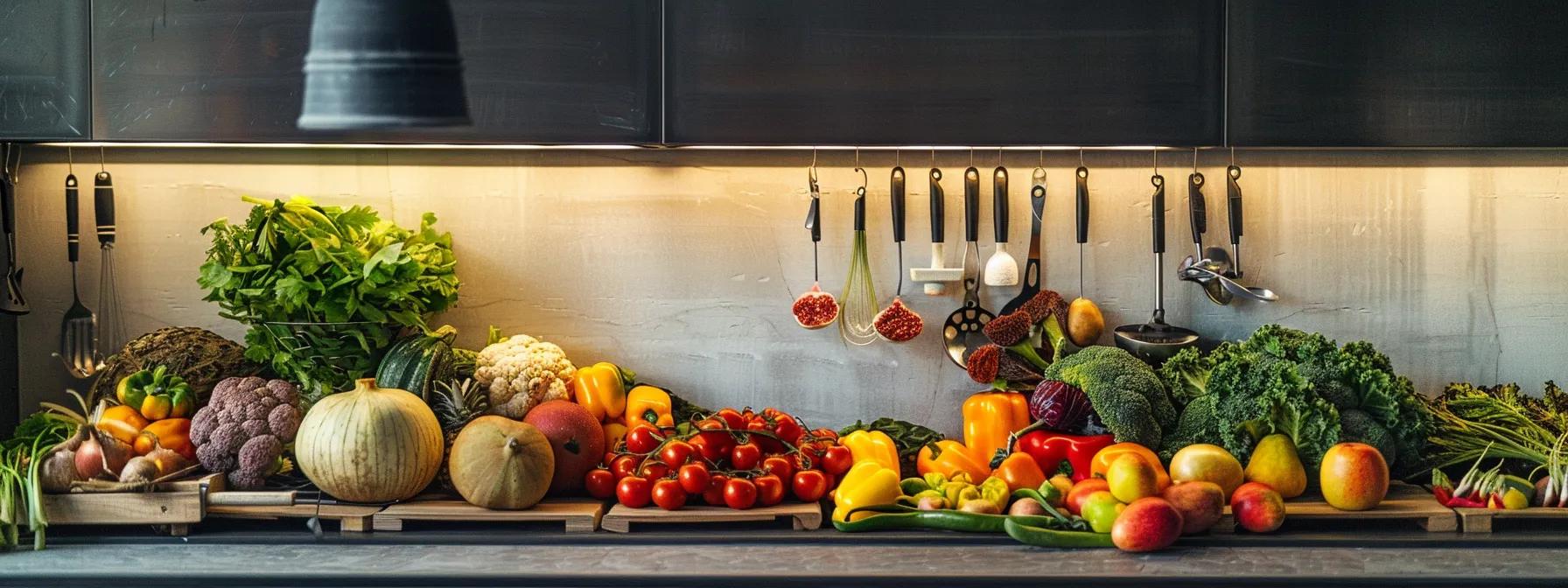 an elegantly designed modern kitchen displays an abundant arrangement of vibrant fruits and vegetables, illuminated by soft, overhead lighting, showcasing their rich colors and textures as symbols of health and well-being for optimal kidney function.