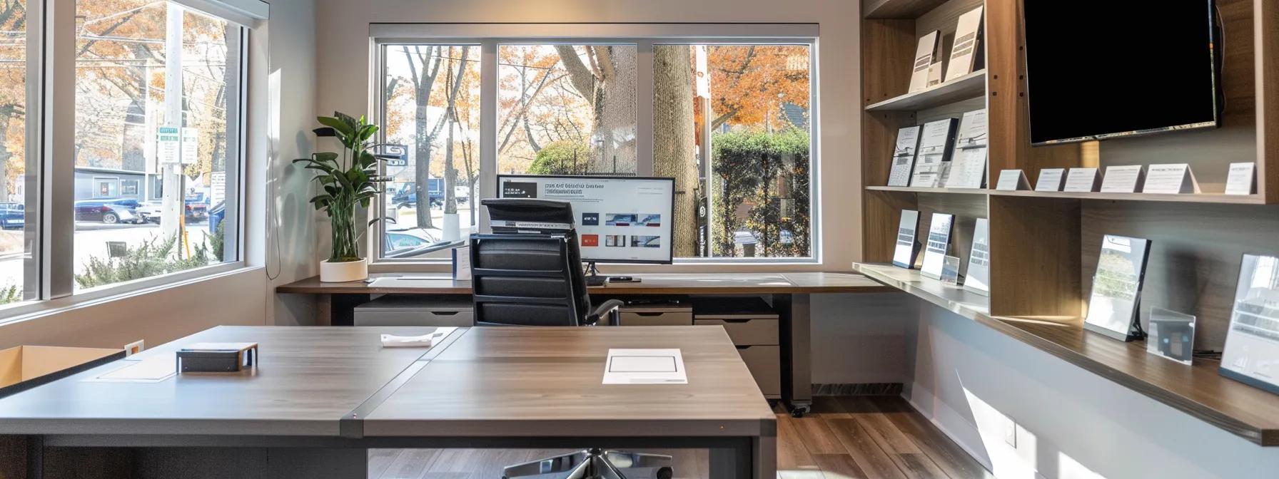 an elegantly designed modern office space showcases a confident homeowner reviewing a detailed roofing estimate on a sleek desk, surrounded by visually appealing portfolios of roofing contractors stacked neatly, emphasizing the theme of selecting qualified professionals in saint louis. an elegantly designed modern office space showcases a confident homeowner reviewing a detailed roofing estimate on a sleek desk, surrounded by visually appealing portfolios of roofing contractors stacked neatly, emphasizing the theme of selecting qualified professionals in saint louis.