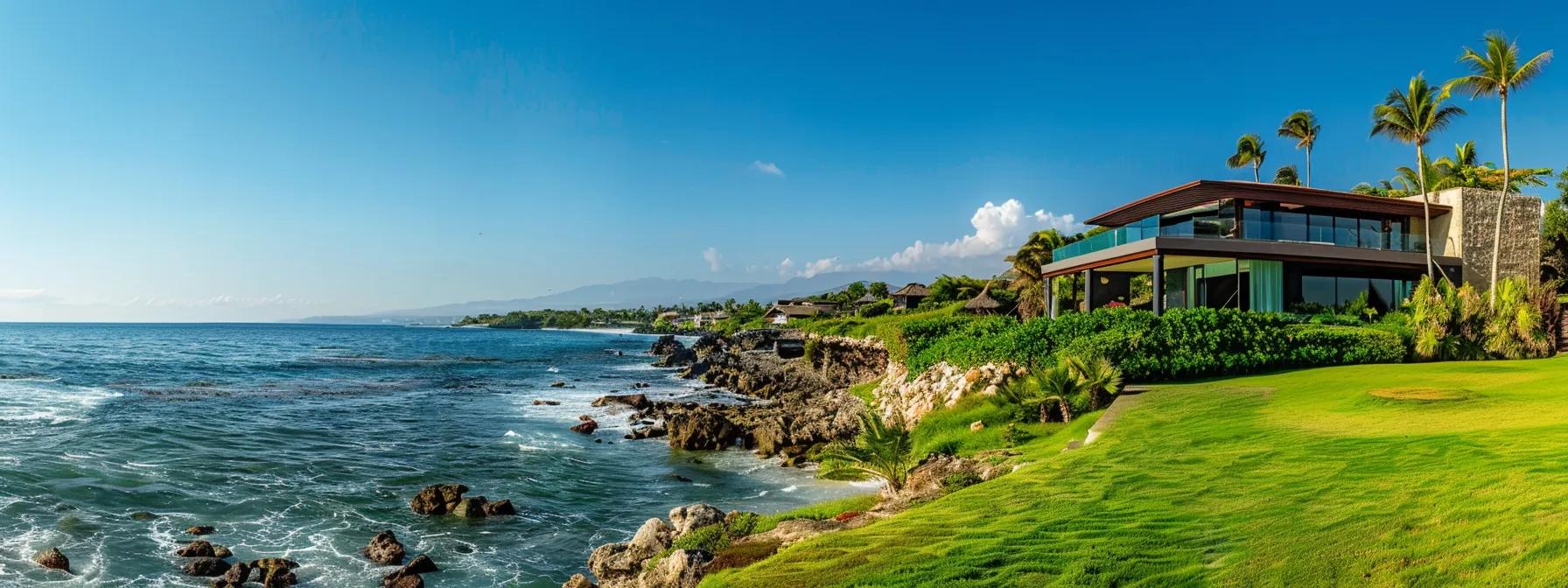 an elegantly designed oceanfront villa in punta mita exudes luxury and privacy, featuring a sleek modern facade and expansive glass windows that invite serene views of the tranquil sea, creating a sanctuary away from the outside world.