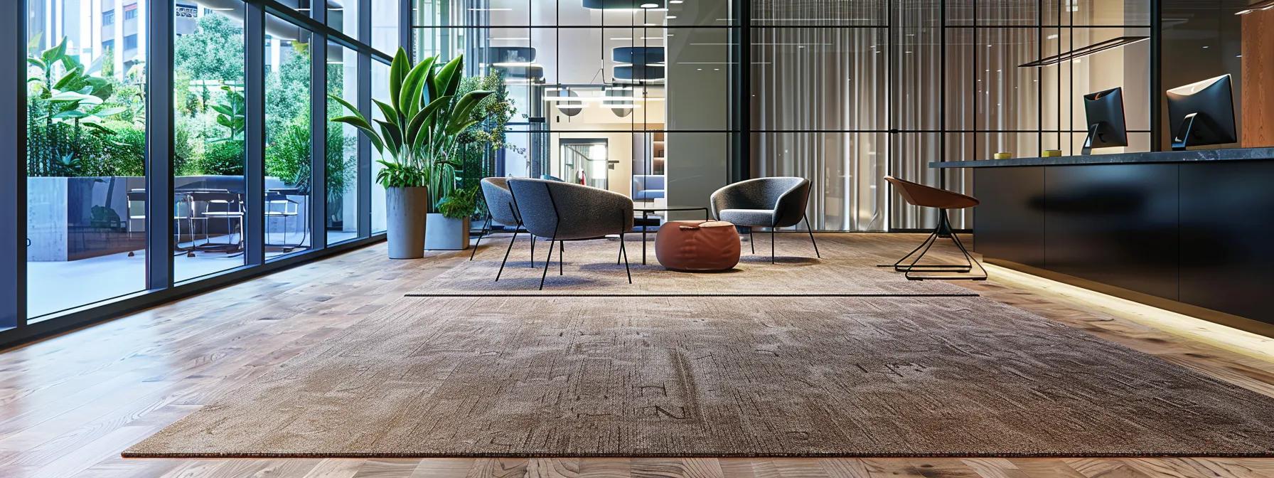 an elegantly designed office space showcases striking harwearing carpet in rich tones, emphasizing its durability and aesthetic appeal against contrasting sleek hardwood flooring, highlighting the benefits of carpet in a high-traffic rental environment. an elegantly designed office space showcases striking harwearing carpet in rich tones, emphasizing its durability and aesthetic appeal against contrasting sleek hardwood flooring, highlighting the benefits of carpet in a high-traffic rental environment.