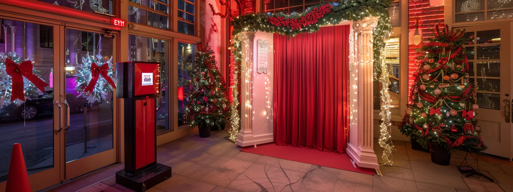 an elegantly designed photo booth stands against a vibrant backdrop adorned with festive decorations, inviting guests to capture joyful moments at a lively event. an elegantly designed photo booth stands against a vibrant backdrop adorned with festive decorations, inviting guests to capture joyful moments at a lively event.