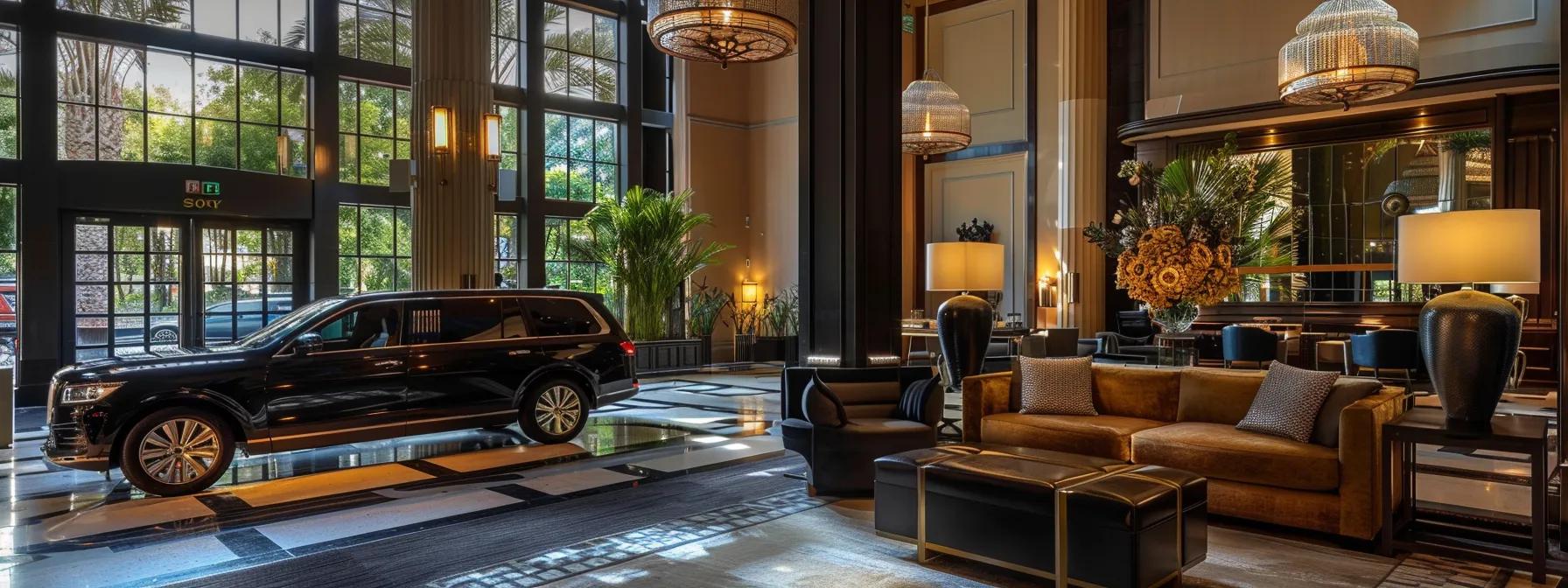 an elegantly designed upscale hotel lobby, adorned with plush furnishings and artistic decor, features a luxurious reception area that epitomizes sophisticated travel, while a sleek black limousine waits outside, ready to offer seamless transit to exclusive destinations.