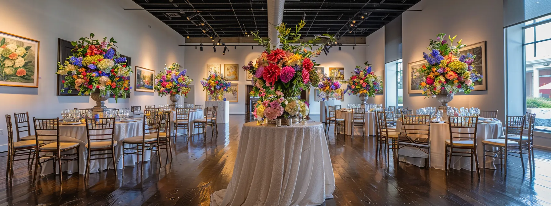 an elegantly designed wedding venue showcases unique floral arrangements, featuring heirloom flowers in vibrant colors that symbolize love and personal memories, framed by artistic gallery walls adorned with exquisite blooms. an elegantly designed wedding venue showcases unique floral arrangements, featuring heirloom flowers in vibrant colors that symbolize love and personal memories, framed by artistic gallery walls adorned with exquisite blooms.
