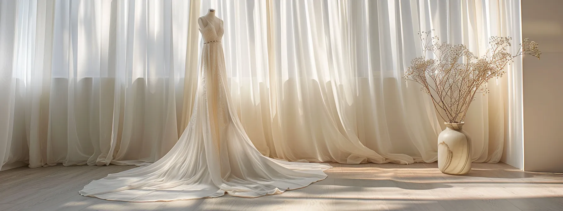 an elegantly draped modest wedding gown crafted from luxurious brocade and delicate chiffon is showcased on a minimalist display stand in a softly lit boutique, embodying the sophistication and variety of fabrics essential for timeless bridal style. an elegantly draped modest wedding gown crafted from luxurious brocade and delicate chiffon is showcased on a minimalist display stand in a softly lit boutique, embodying the sophistication and variety of fabrics essential for timeless bridal style.