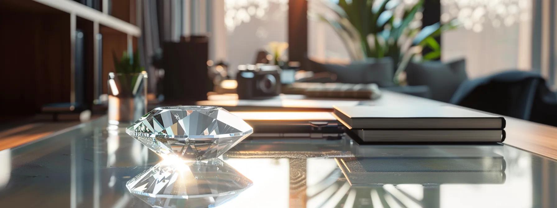 an elegantly minimalist office setup showcases a sparkling lab-grown diamond on a sleek glass surface, symbolizing the ethical sourcing movement amidst a backdrop of well-organized, eco-conscious business materials, under soft, ambient lighting that highlights the gem's brilliance.