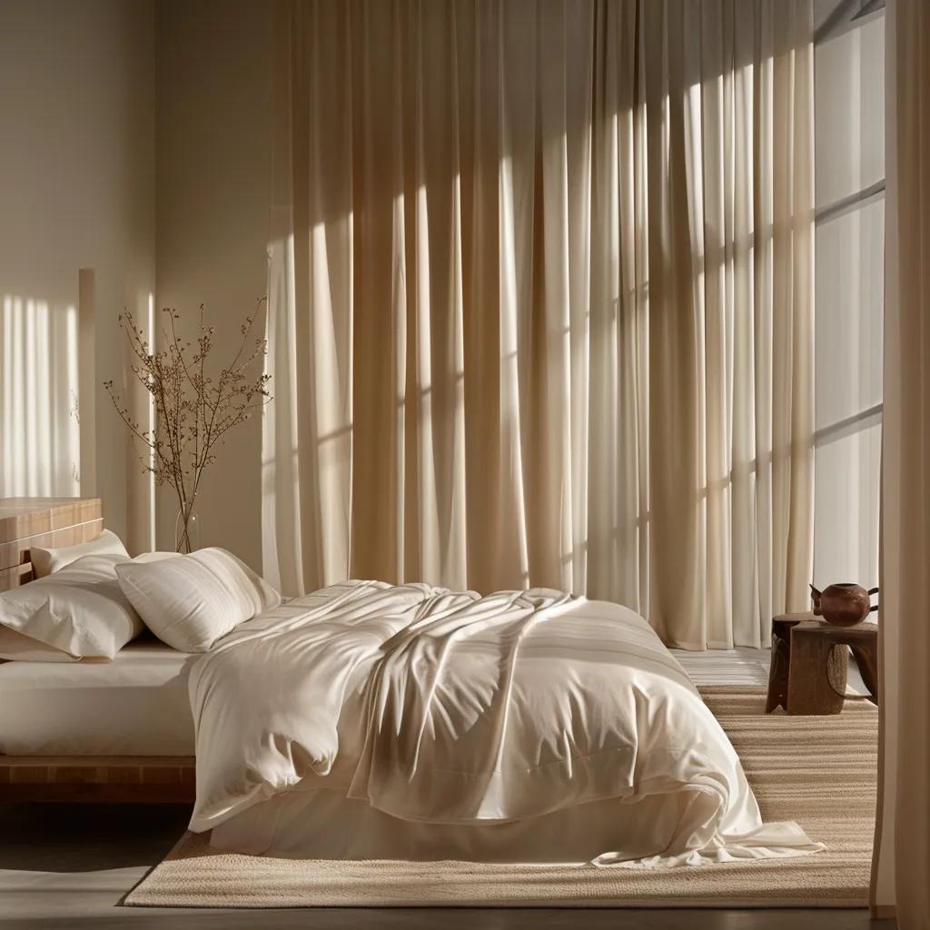 an elegantly styled bedroom featuring luxurious bamboo sheet sets in soft, neutral tones, showcasing a sophisticated blend of modern design and comfort with ambient lighting that creates a serene, inviting atmosphere.
