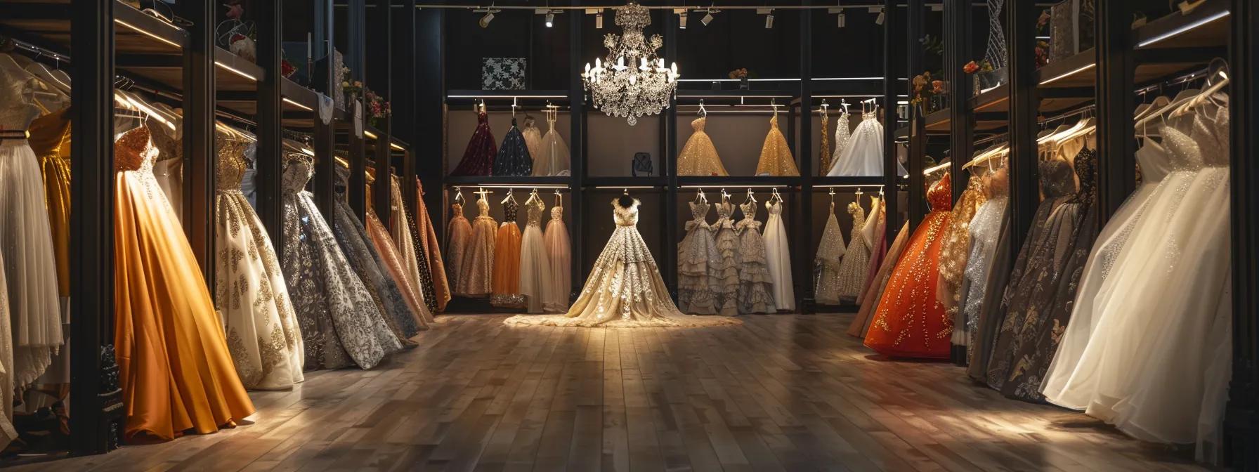 an elegantly styled boutique fitting room showcases a stunning array of debutante gowns draped over vintage clothing racks, accented by luxurious fabrics like satin and lace, with soft, ambient lighting creating a sophisticated atmosphere that highlights the exquisite craftsmanship and modern trends of each dress. an elegantly styled boutique fitting room showcases a stunning array of debutante gowns draped over vintage clothing racks, accented by luxurious fabrics like satin and lace, with soft, ambient lighting creating a sophisticated atmosphere that highlights the exquisite craftsmanship and modern trends of each dress.