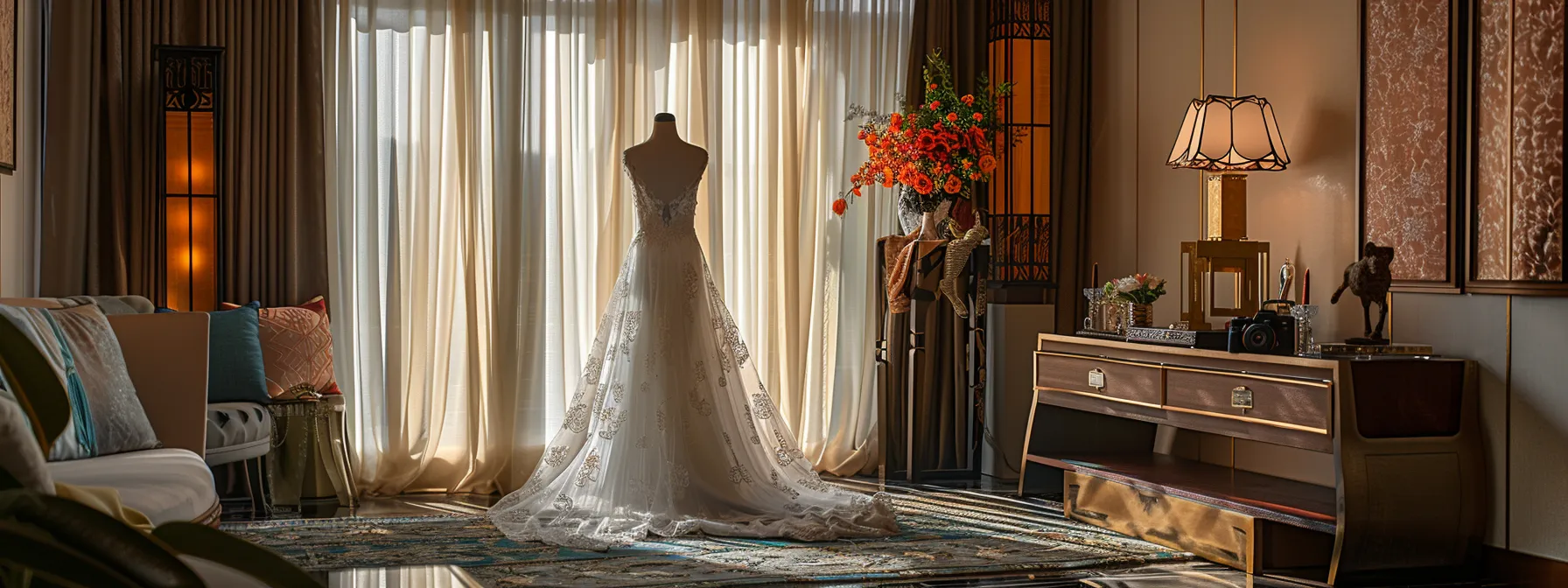 an elegantly styled bridal dressing room showcases a stunning wedding gown on a mannequin, surrounded by luxurious fabrics and tasteful accessories, all bathed in soft, ambient lighting to evoke a sense of sophistication and comfort. an elegantly styled bridal dressing room showcases a stunning wedding gown on a mannequin, surrounded by luxurious fabrics and tasteful accessories, all bathed in soft, ambient lighting to evoke a sense of sophistication and comfort.