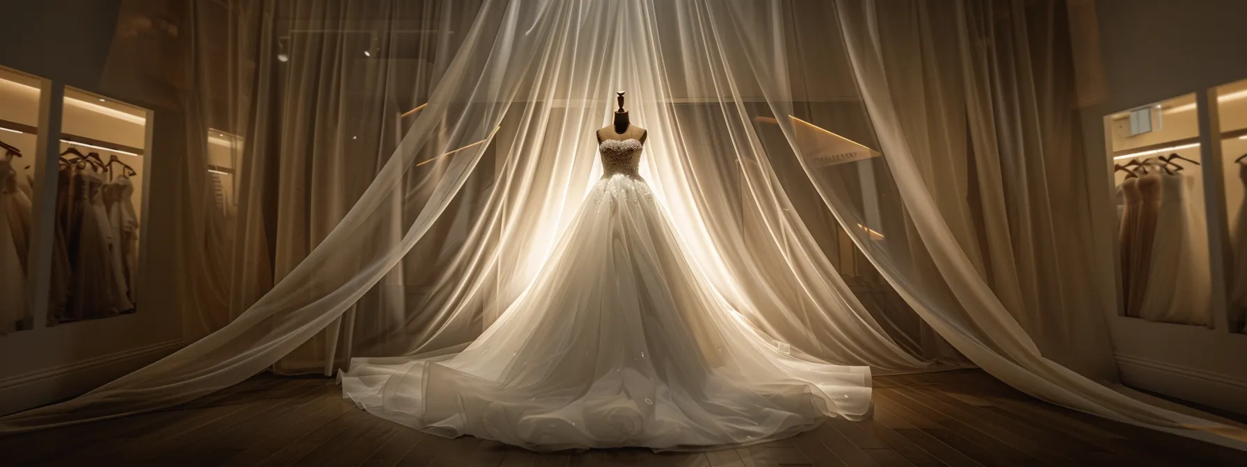 an elegantly styled modest wedding gown featuring lightweight tulle overlays drapes gracefully on a chic mannequin displayed in a sophisticated bridal boutique, illuminated by soft ambient lighting that highlights the fabric's delicate texture and structure. an elegantly styled modest wedding gown featuring lightweight tulle overlays drapes gracefully on a chic mannequin displayed in a sophisticated bridal boutique, illuminated by soft ambient lighting that highlights the fabric's delicate texture and structure.