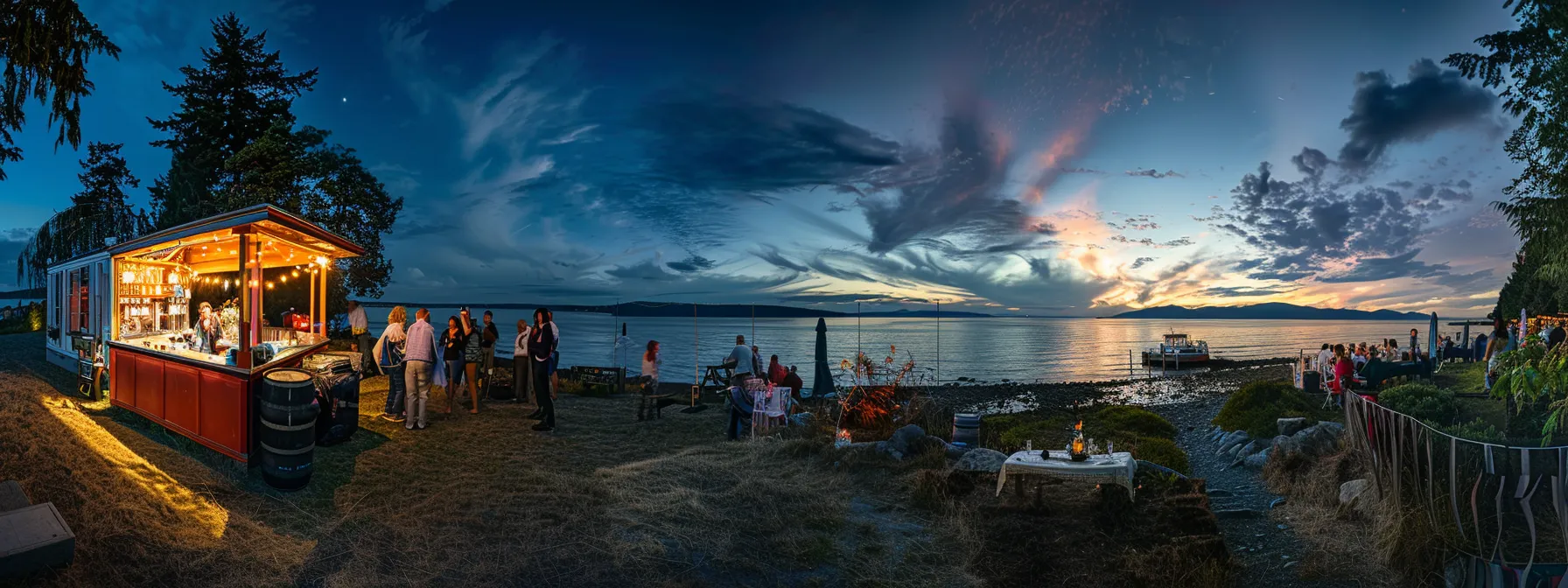 an enchanting scene of a vibrant photo booth set against the picturesque backdrop of whidbey island, bustling with joyful guests capturing memorable moments, illuminated by soft, evening light. an enchanting scene of a vibrant photo booth set against the picturesque backdrop of whidbey island, bustling with joyful guests capturing memorable moments, illuminated by soft, evening light.