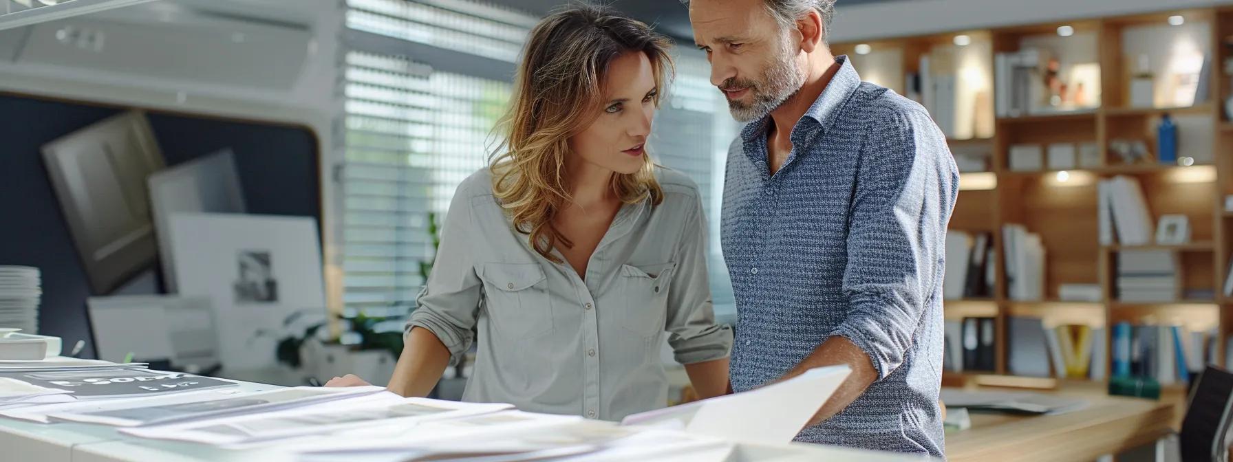 an engaged homeowner consults with a professional contractor in a well-lit, modern office, surrounded by detailed roof material samples and cost estimation charts, highlighting the importance of clear communication for an informed roof replacement decision.