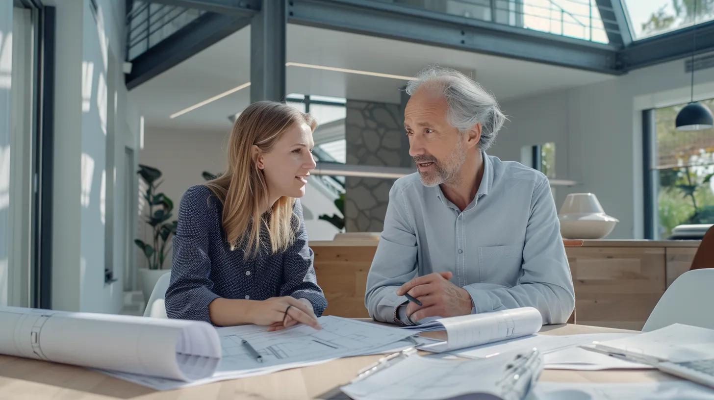 an engaged homeowner enthusiastically consults with a professional contractor in a modern office setting, surrounded by blueprints and materials showcased on a polished conference table, highlighting the importance of choosing the right expert for skylight replacement projects.
