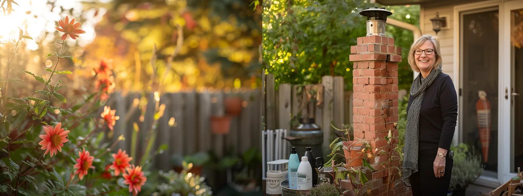 an engaged homeowner stands proudly beside a freshly cleaned outdoor brick chimney, revealing its vibrant, restored red hue while surrounded by eco-friendly cleaning products, in a stylish urban backyard setting that reflects a commitment to sustainable property care. an engaged homeowner stands proudly beside a freshly cleaned outdoor brick chimney, revealing its vibrant, restored red hue while surrounded by eco-friendly cleaning products, in a stylish urban backyard setting that reflects a commitment to sustainable property care.