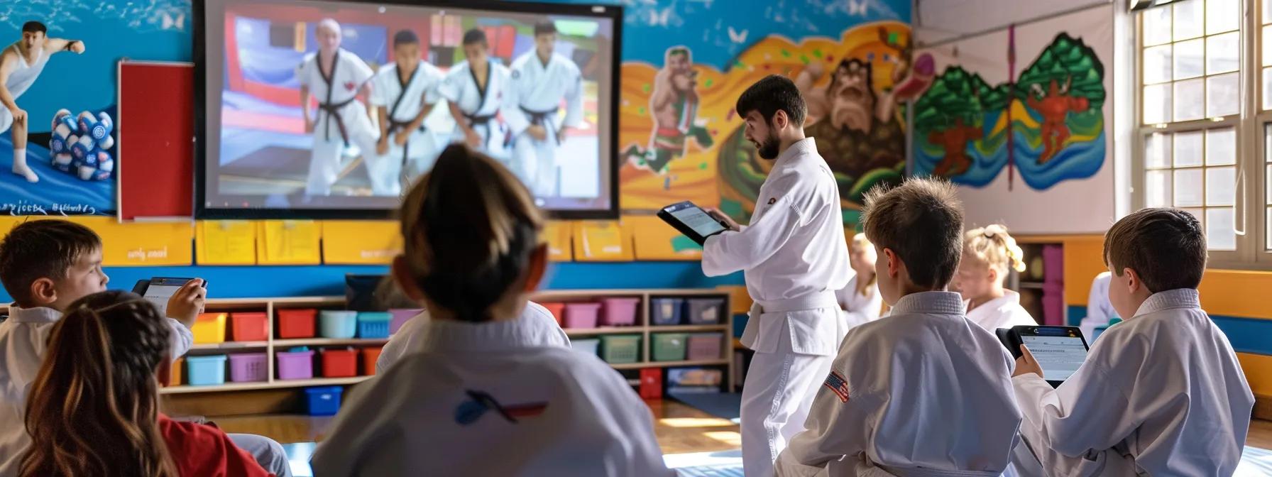an engaging and dynamic martial arts classroom scene showcases instructors using digital attendance tracking systems on tablets, while students actively participate in a class, surrounded by vibrant decor that reflects the school's community spirit. an engaging and dynamic martial arts classroom scene showcases instructors using digital attendance tracking systems on tablets, while students actively participate in a class, surrounded by vibrant decor that reflects the school's community spirit.