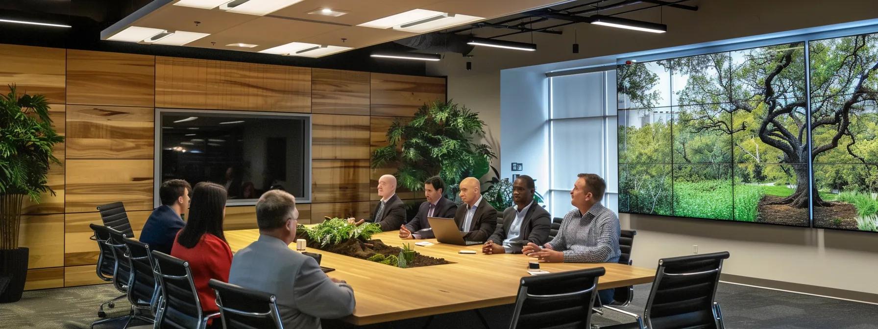 an engaging office meeting room in austin, tx, showcasing a diverse group of professionals discussing local tree care regulations around a sleek conference table, illuminated by bright overhead lighting and accented by illustrative charts detailing soil conditions and prevalent tree species.
