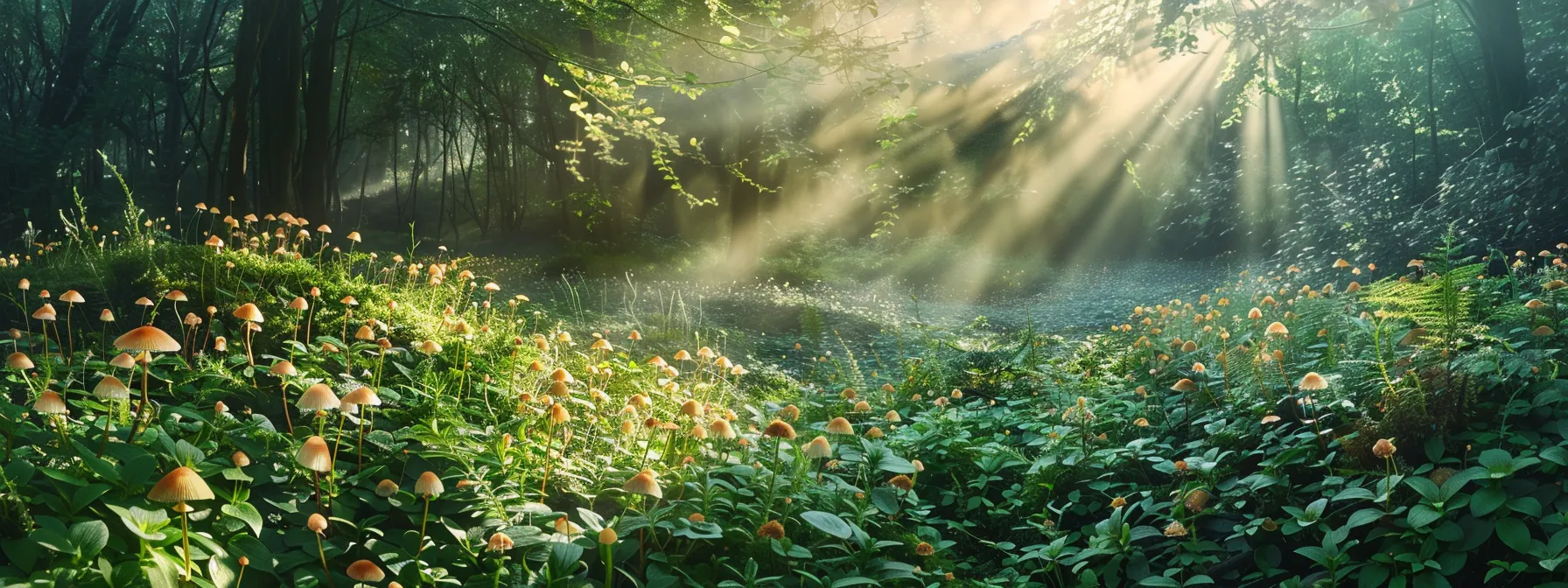 an ethereal forest glade bathed in soft, dappled sunlight, showcasing a vibrant array of mushrooms sprouting from rich, earthy soil, symbolizing the burgeoning trend of natural wellness and the powerful potential of mushroom supplements.