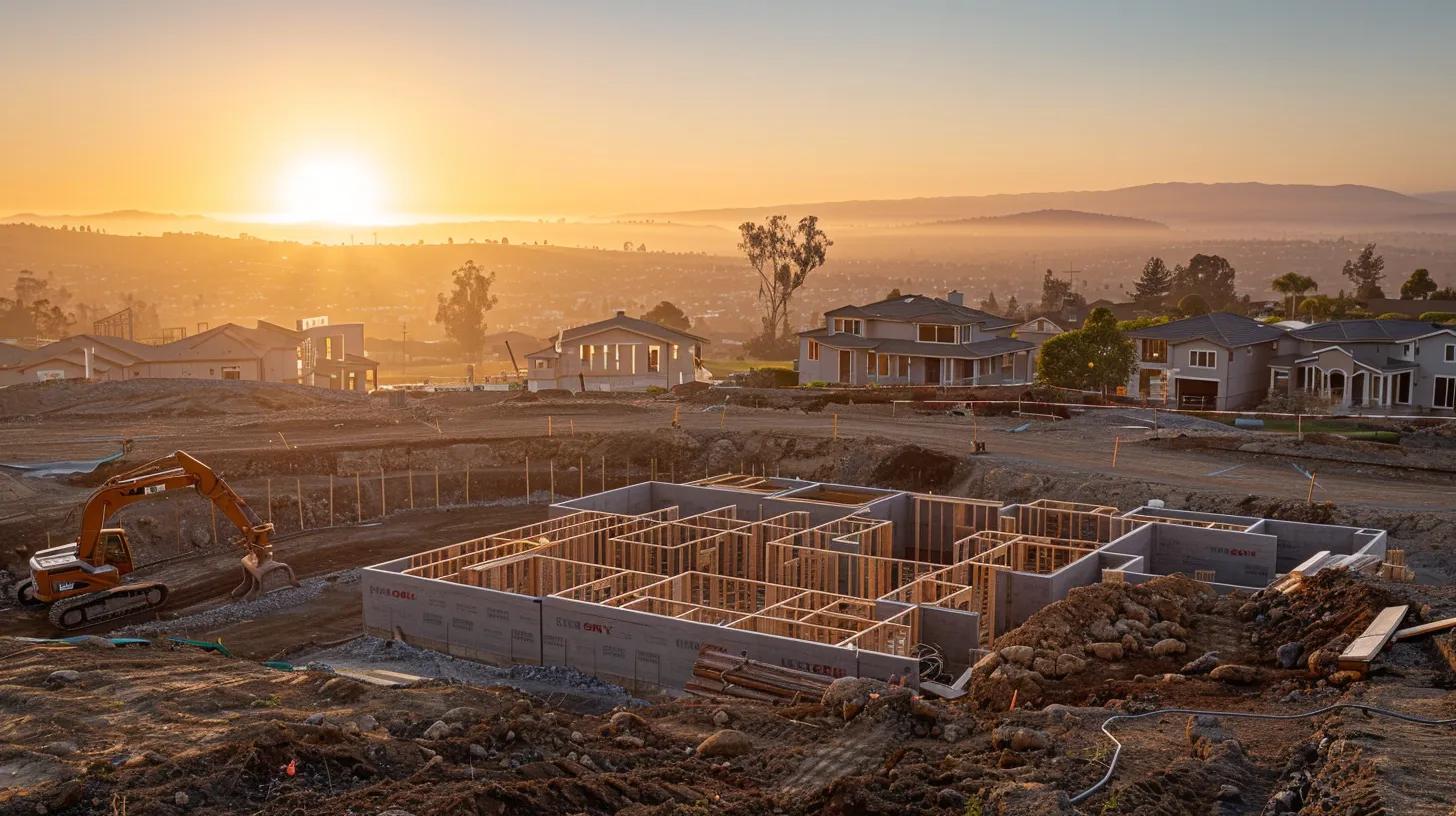 an expansive view of a custom home under construction, showcasing the various stages of building inspections with a clear focus on the sturdy foundation and mid-construction frameworks, illuminated by soft, warm afternoon light. an expansive view of a custom home under construction, showcasing the various stages of building inspections with a clear focus on the sturdy foundation and mid-construction frameworks, illuminated by soft, warm afternoon light.