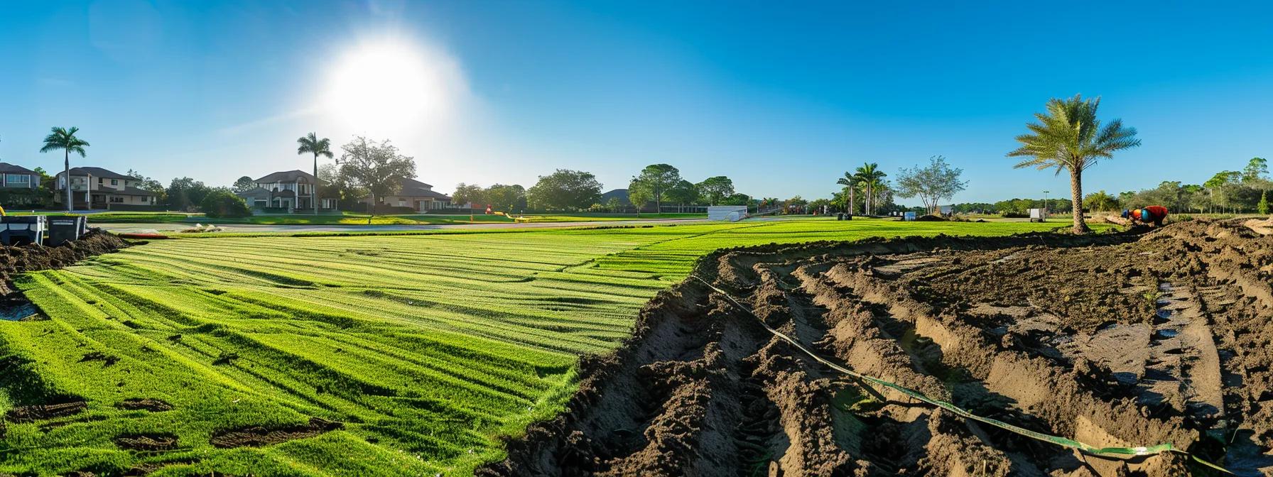 an expansive view of a professional sod installation in an urban orlando landscape, showcasing fresh, vibrant rolls of locally sourced sod being carefully laid down on a well-prepared lawn, highlighting the rich, textured grass and the skilled expertise of the landscapers working under clear blue skies. an expansive view of a professional sod installation in an urban orlando landscape, showcasing fresh, vibrant rolls of locally sourced sod being carefully laid down on a well-prepared lawn, highlighting the rich, textured grass and the skilled expertise of the landscapers working under clear blue skies.