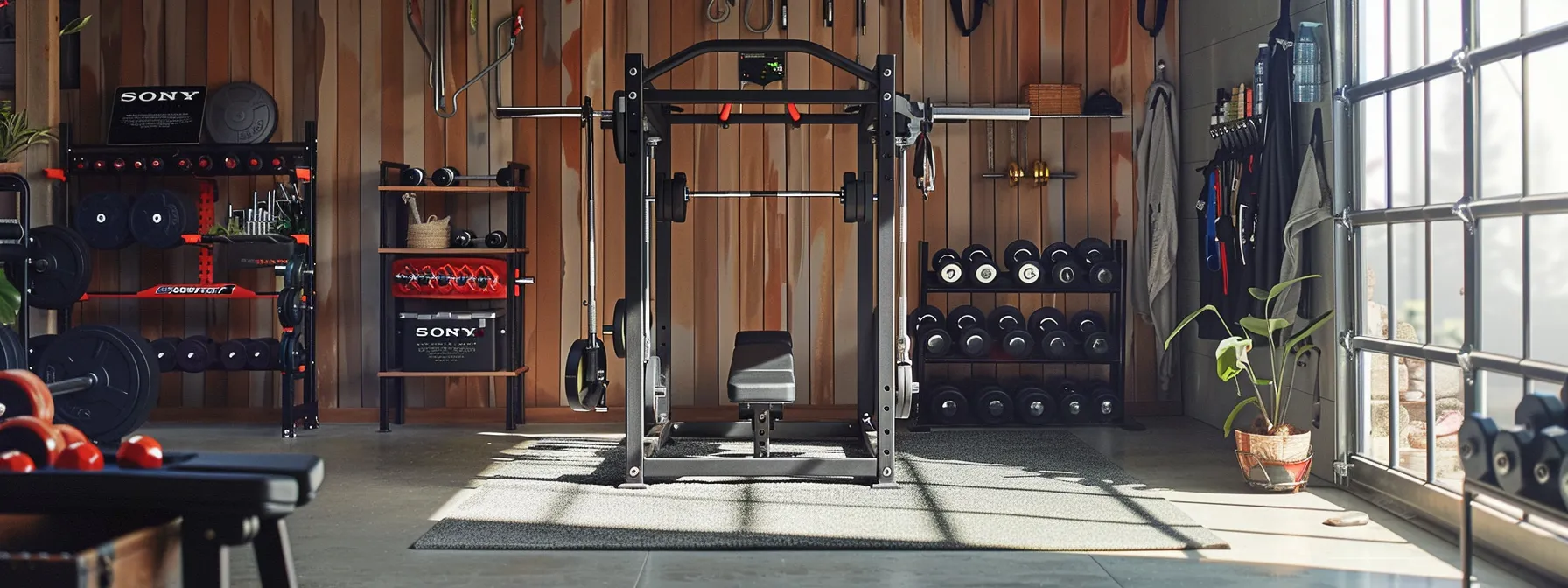 an expertly arranged home gym showcases essential fitness gear, featuring a sleek squat rack, versatile smith machine, polished barbell, and cutting-edge bowflex equipment under bright, focused artificial lighting, emphasizing a modern and motivational workout environment.