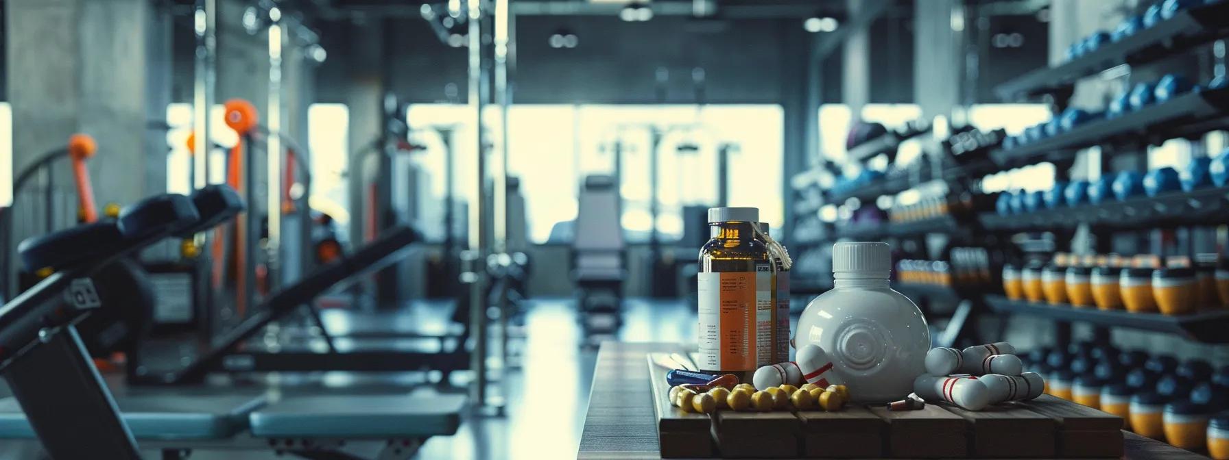A modern gym with athletes training and supplements displayed.
