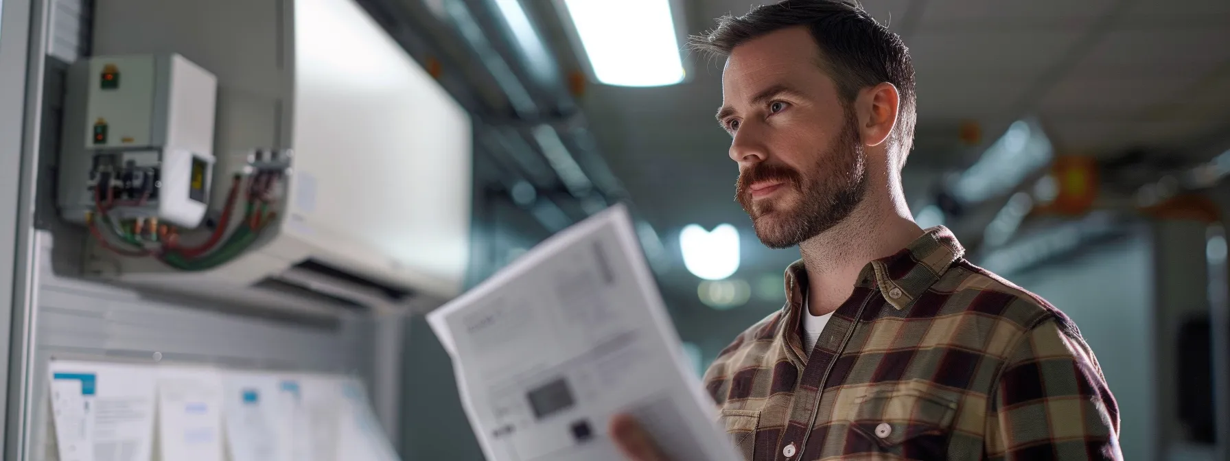 an hvac technician confidently inspects an advanced heat pump system in a sleek, modern office environment, showcasing their expertise and the promising career opportunities in a well-lit, professional setting.