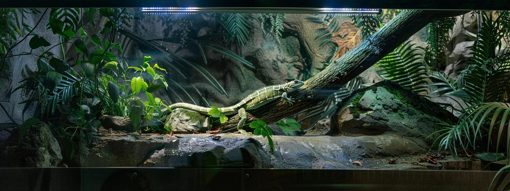 an illuminated reptile habitat showcases a vibrant, basking lizard under a sleek uvb light fixture, emphasizing the critical role of artificial lighting in supporting its health and vitality in a modern, sterile environment. an illuminated reptile habitat showcases a vibrant, basking lizard under a sleek uvb light fixture, emphasizing the critical role of artificial lighting in supporting its health and vitality in a modern, sterile environment.