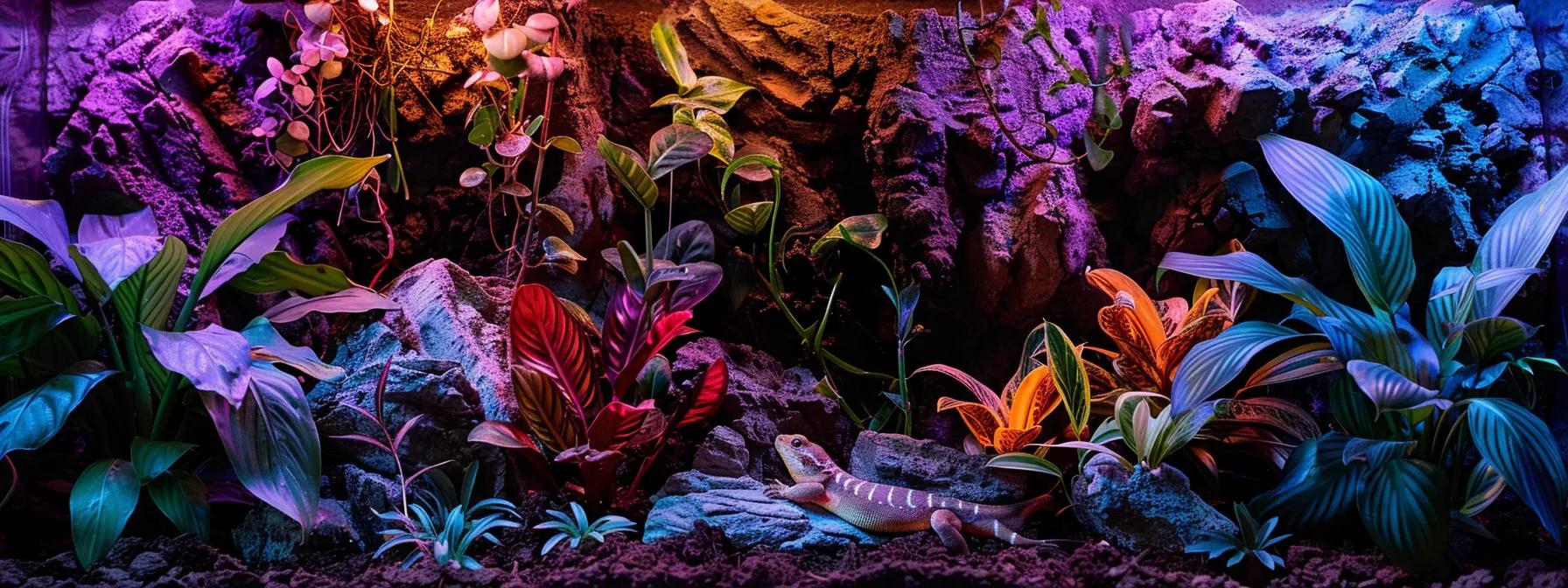 an illuminated reptile vivarium showcasing various reptiles basking under specific uvb lamps, with vibrant colors reflecting their healthy skin and active behaviors, emphasizing the importance of uvb exposure in preventing health issues. an illuminated reptile vivarium showcasing various reptiles basking under specific uvb lamps, with vibrant colors reflecting their healthy skin and active behaviors, emphasizing the importance of uvb exposure in preventing health issues.