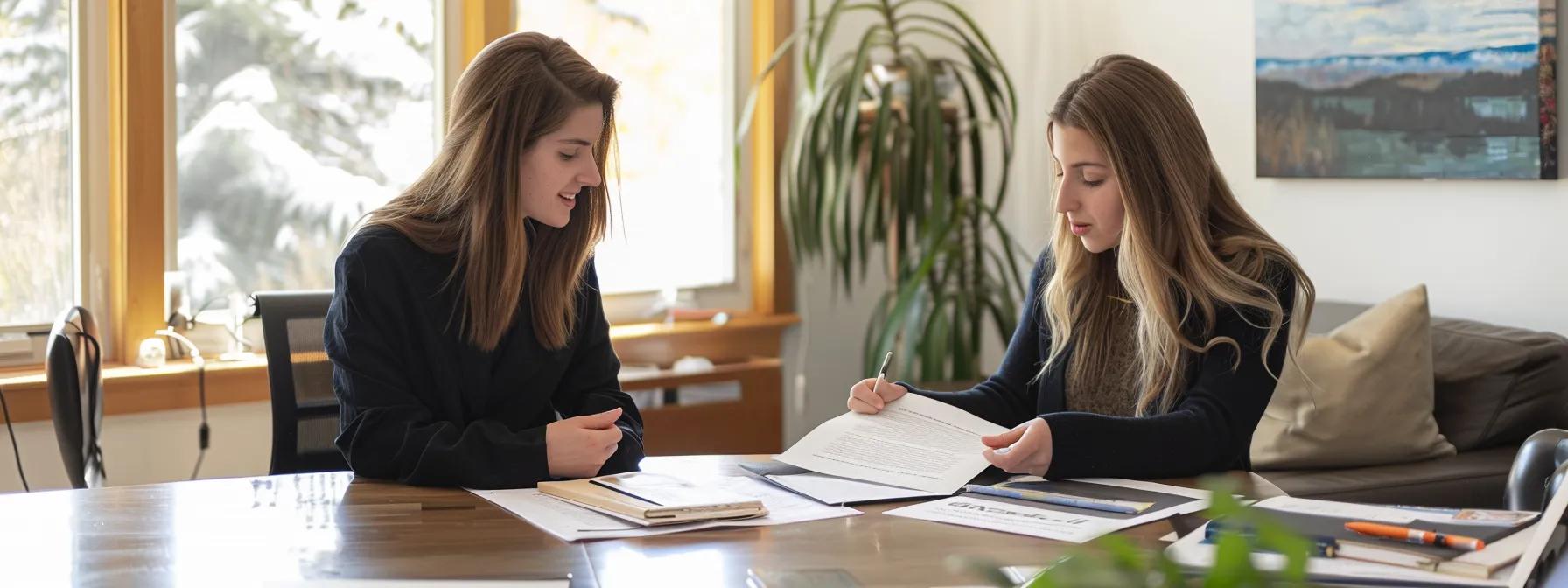 an image of a real estate agent and a homebuyer reviewing a closing disclosure document, surrounded by papers and documents on a modern desk in a bright, airy office space. an image of a real estate agent and a homebuyer reviewing a closing disclosure document, surrounded by papers and documents on a modern desk in a bright, airy office space.