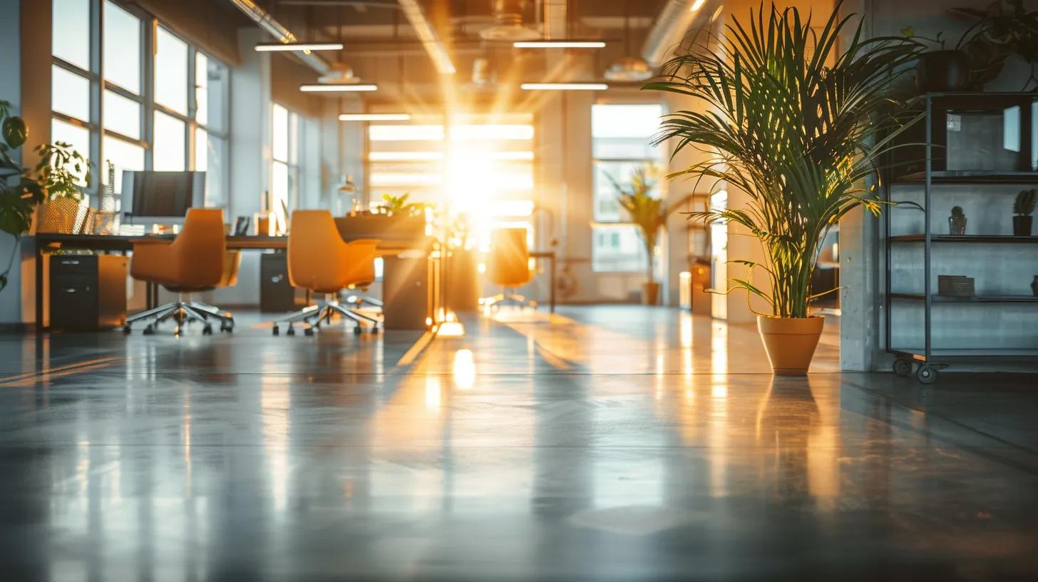 an immaculate, modern office space gleams under bright, artificial lighting, showcasing gleaming surfaces and perfectly organized workstations, emphasizing the transformative impact of professional cleaning on physical and mental well-being.