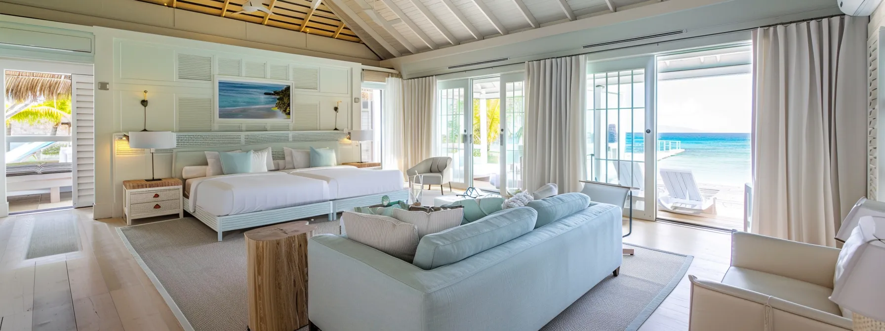 an impeccably styled luxury coastal airbnb interior showcases bright, modern furnishings with pristine hotel-quality linens, emphasizing the meticulous cleanliness and attention to detail that guarantee a superior guest experience.