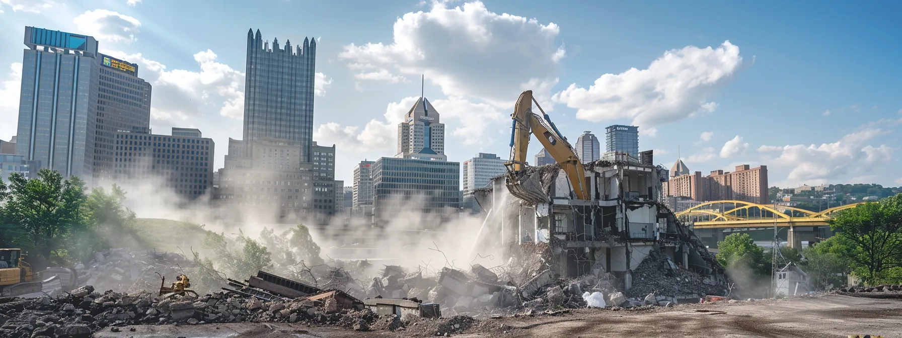 an impressive skyline of pittsburgh showcases innovative commercial demolition in action, where high-tech machinery carefully dismantles an old building amidst vibrant green spaces, symbolizing a sustainable future and transformation in urban development.