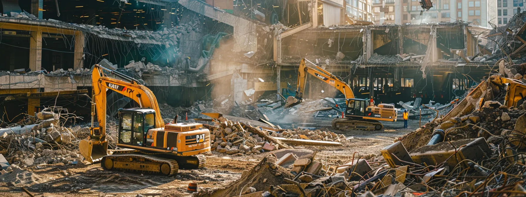 an industrial demolition site in pittsburgh, showcasing heavy machinery actively dismantling a building while workers in safety gear oversee the careful removal of hazardous materials, emphasizing sustainable practices amidst urban architecture.