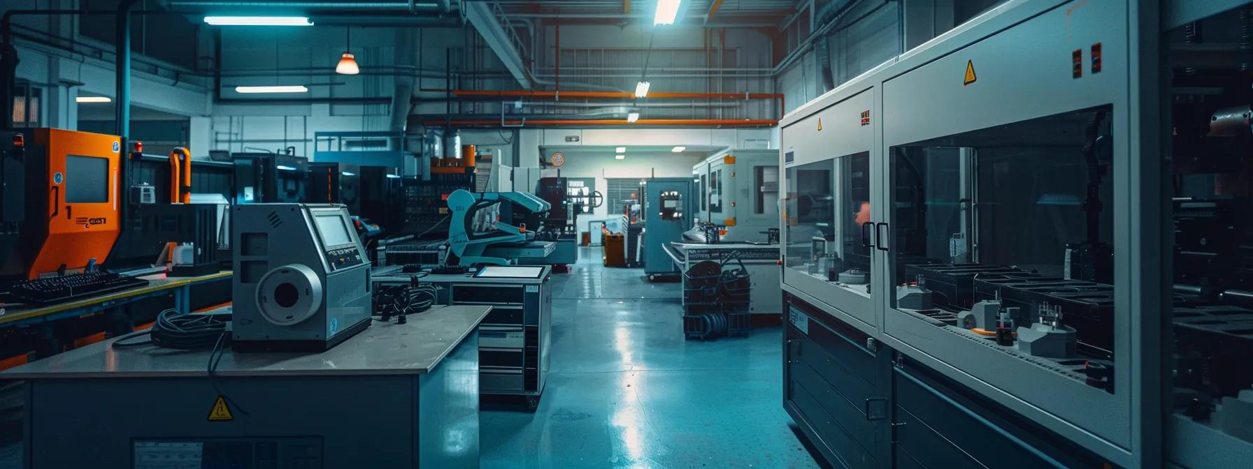 an industrial injection molding workshop portrays a sleek, high-tech environment with intricate molds and machinery, showcasing precision and efficiency in a well-organized space illuminated by bright, focused lighting.
