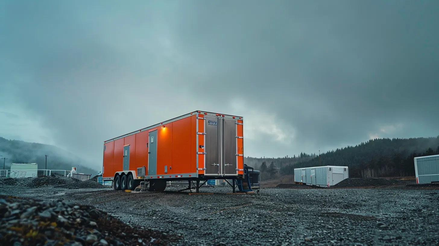 an industrial trailer parked on a rugged gravel lot alongside a mobile office container, set against an overcast sky, highlighting the strategic advantages of ownership in a remote job site. an industrial trailer parked on a rugged gravel lot alongside a mobile office container, set against an overcast sky, highlighting the strategic advantages of ownership in a remote job site.