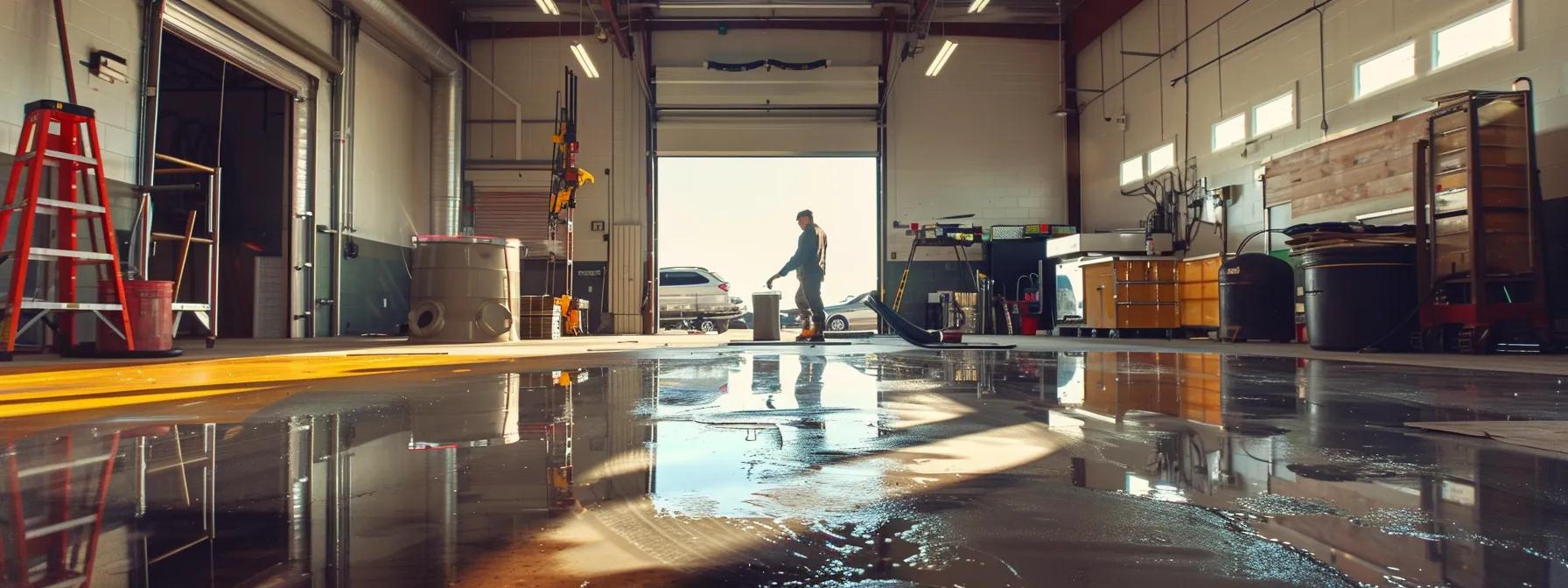 an industrial, urban workspace showcases a professional contractor meticulously applying vibrant stains to a polished concrete surface, illuminated by bright overhead lights that highlight the precision and detail of the staining process.