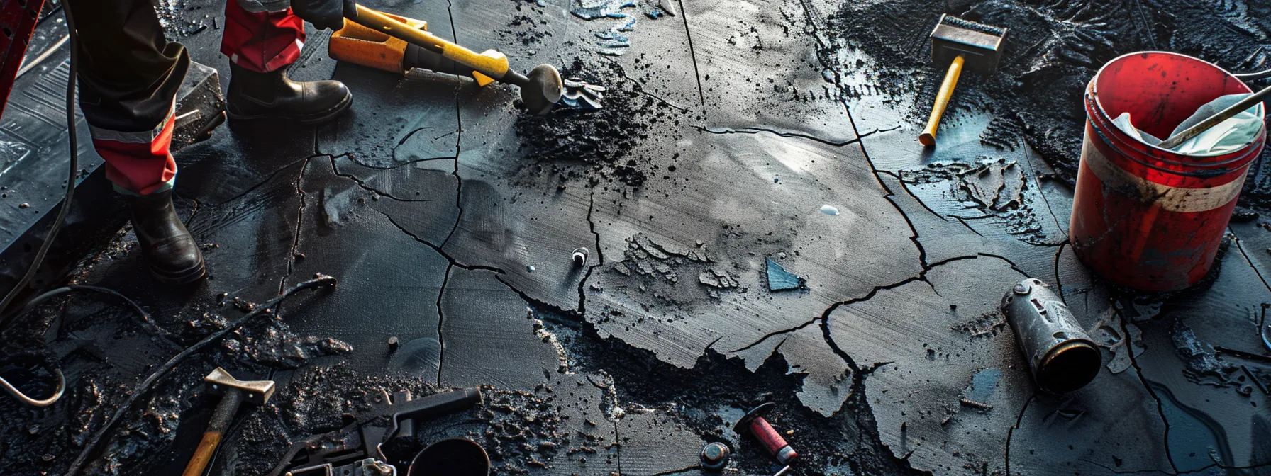 an industrial workshop showcasing a skilled technician applying a seamless asphalt crack filler with precision, surrounded by tools and containers of materials against a backdrop of freshly repaired pavement.